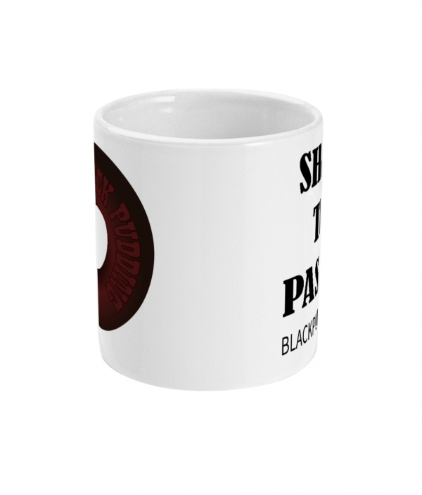 black pudding horseshoe + share the passion mug front mockup
