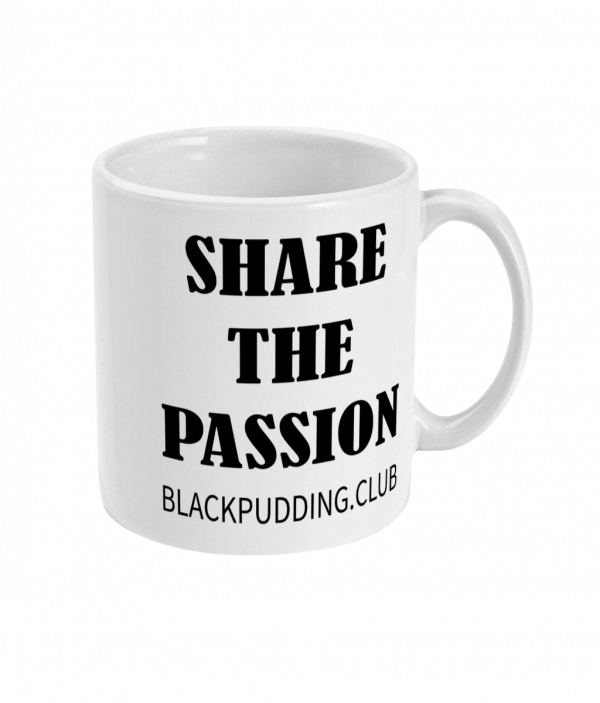 black pudding horseshoe + share the passion mug right side mockup